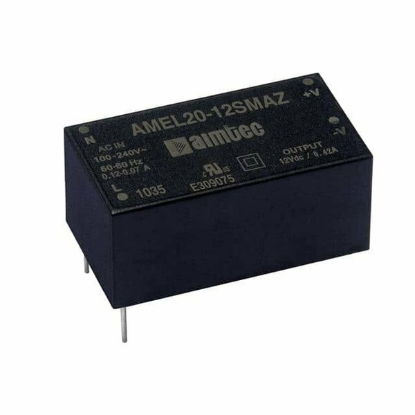 Aimtec AC/DC to DC Converter, 90-264V AC/130-370V DC to 15/24V DC, 18VA, 47 to 440 Hz, Plastic Case AMEL20-1524DMAZ